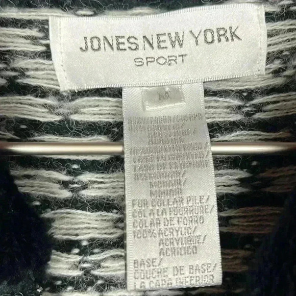 Jones New York Womens Cardigan Black/Cream L Y2K Vintage Fair Isle Zip Front EUC - Picture 2 of 15